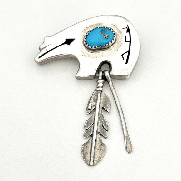 Vintage Samson Kee Native American 925 Sterling Silver Turquoise Bear Brooch Pin - Picture 1 of 11
